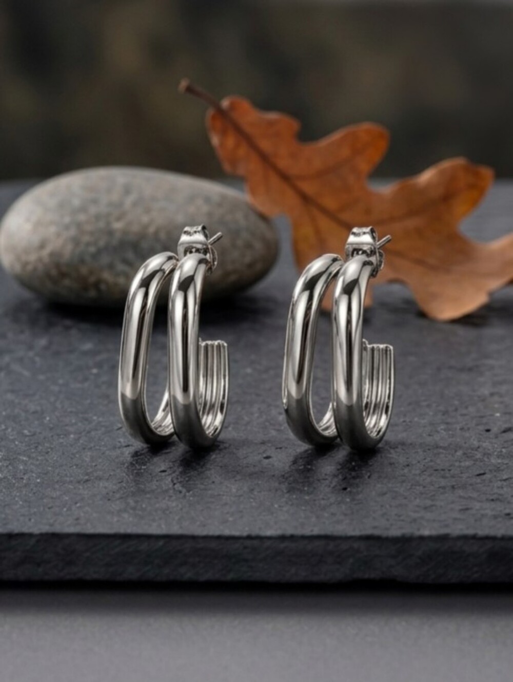 Silver Double C-Hoop Earrings 18K White Gold Plated Stainless Steel Chunky Stack